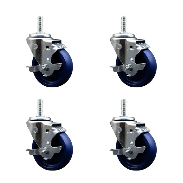 4 Inch Solid Polyurethane Wheel Swivel 34 Inch Threaded Stem Caster Set with Brake SCC